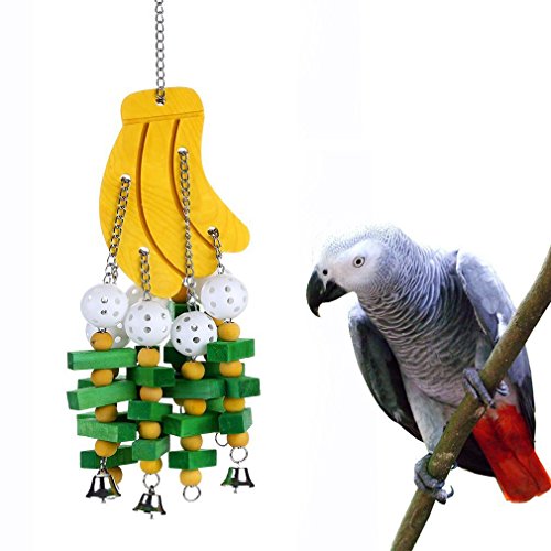 Parrot Spielzeug zum Aufhängen Swing Glocken Kauspielzeug Colorful zum Aufhängen Holz Block Papagei Ara African Greys Nymphensittiche Wellensittiche Sittiche Banana Form natürlichen Vögel Käfig Spielzeug zum Aufhängen von Hypeety