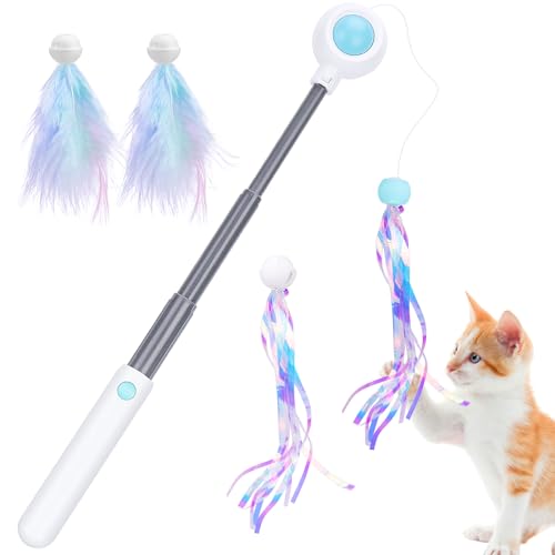 Hysagtek Katzenangel Interaktives katzenspielzeug Teaser mit Skalierbar Stangen, Feder und Quasten Ersatz mit Glocken Selbstbeschäftigung Versenkbare Cat Toys für Kätzchen, 5 Stück von Hysagtek