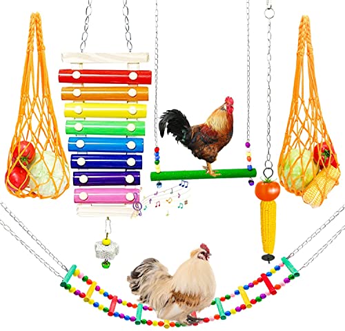 6 Stück Hühner-Spielzeug für Stallzubehör, Hühner-Xylophon mit Schleifstein, Huhnschaukel, flexible Leiter, Schnur, Beutel, Gemüsespieß, Schnur, Futterspender für Hühner von HzNzYHD