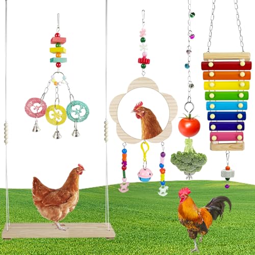 Hühnerspielzeug für Stallzubehör, 5 Stück, Hühner-Xyloponspielzeug für Hühner, Hühnerholzbrückenschaukel, Hühnerspiegel mit Glocken, Gemüse, Obst, zum Aufhängen, Spieß für Hühnerstall von HzNzYHD