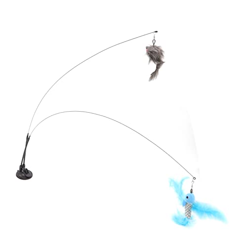 Hztyyier Katzenfeder-Zauberstab-Spielzeug mit Saugnapf, Doppelseitiges, Flexibles, Abnehmbares Stahldraht-interaktives Spielzeug für Kätzchen (Blauer Fliegender Fisch und graue Maus) von Hztyyier