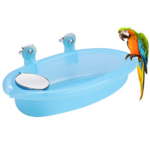 Vogelbad mit Spiegel, Niedliche Haustierpapagei Badewanne Vogelbadebox mit Spiegel Vogelkäfig Spielzeugzubehör Blau von Hztyyier