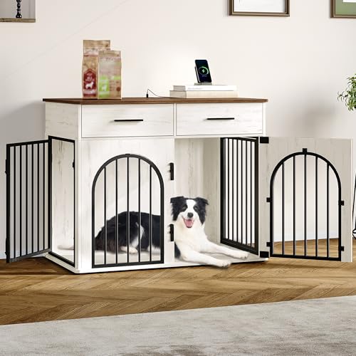 Hzuaneri 100 cm Hundekäfig Möbel mit 2 Schubladen, Hundebox für den Innenbereich mit Ladestation, Hundebox aus Holz Beistelltisch, Hundekäfig für mittelgroße/große Hunde, Weiß Braun DFC87214B von Hzuaneri