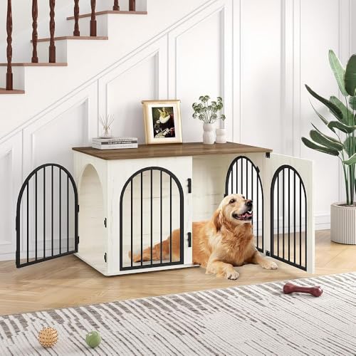 Hzuaneri Hundekäfig Möbel, 100cm Hundebox für Zuhause, 3 Türen, Bogentür, Moderne Hundebox Indoor für Hunde, Beistelltisch, Hundekäfig Hochbelastbar, 60 x 100 x 63 cm, Weiß Braun DFC84114B von Hzuaneri