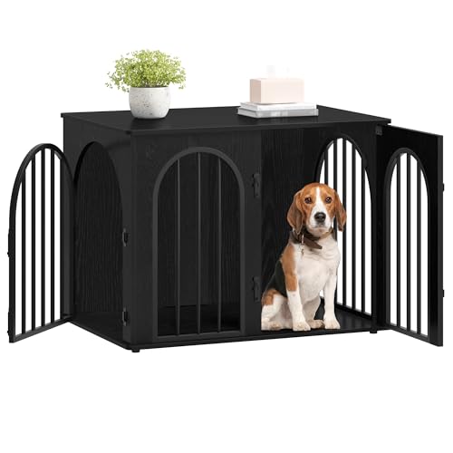 Hzuaneri Hundekäfig Möbel, 80cm Hundebox für Zuhause, 3 Türen, Bogentür, Moderne Hundebox Indoor für Hunde, Beistelltisch, Hundekäfig Hochbelastbar, 80 x 56 x 61 cm, Schwarz DFC85104B von Hzuaneri