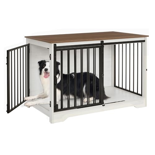 Hzuaneri Hundekäfig Möbel, 100cm hundebox für zuhause, Schiebetüren, 2 Türen, Moderne hundebox Holz Indoor für kleine/mittlere/große Hunde, Hundekäfig für Zuhause, 60 x 100 x 68 cm, Weiß Braun von Hzuaneri