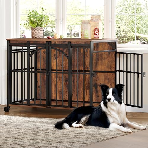 Hzuaneri Hundekäfig Möbel mit Rädern, 95 cm Hundebox mit Vier Türen und Schiebetüren, Moderner Hundekäfig aus Holz für den Innenbereich für Kleine und Mittelgroße Hunde, Vintage Braun DFC86201B Hzuaneri Hundekäfig Möbel mit Rädern, 95 cm Hundebox mit Vier Türen und Schiebetüren, Moderner Hundekäfig aus Holz für den Innenbereich für Kleine und Mittelgroße Hunde, Vintage Braun DFC86201B von Hzuaneri