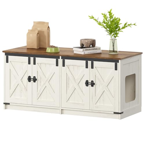 Hzuaneri Katzenschrank, Katzenklo Schrank für 2 Katzen, Versteckter Katzentoilettenschrank, Katzenhaus für den Innenbereich, Bauernhausstil, 119 x 48 x 53,5 cm, Braun und Weiß CB85314X von Hzuaneri