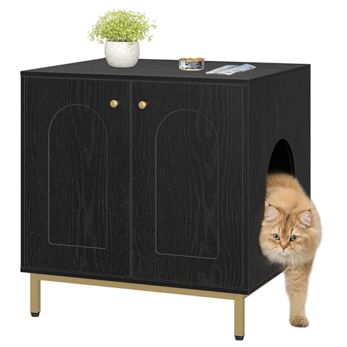 Hzuaneri Katzenschrank, Katzentoilette, Katzenklo Schrank, Katzenhaus mit Tür, Hölzerner Beistelltisch für das Haustierhaus, 60 x 50 x 60 cm, Stabile Katzenschrank, Schwarz und Gold CB81204G von Hzuaneri