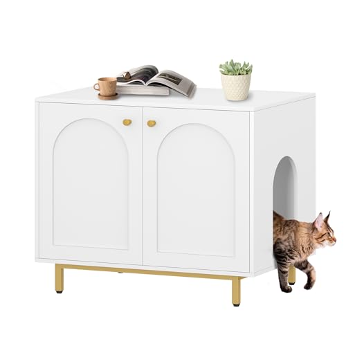Hzuaneri Katzenschrank, Katzentoilette, Katzenklo Schrank, Katzenhaus mit Tür, Hölzerner Beistelltisch für das Haustierhaus, 80 x 55 x 70 cm, Stabile Katzenschrank, Weiß und Gold CB85003G von Hzuaneri