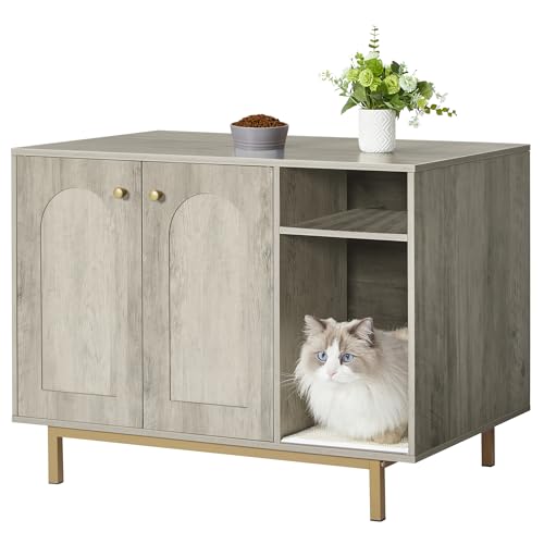 Hzuaneri Katzenschrank, Katzentoilette, Katzenklo Schrank, Katzenhaus mit Tür und separater Trennwand, 80 x 50 x 61 cm, Stabile Katzenschrank, Sitzbank, Greige und Gold CB01505G von Hzuaneri