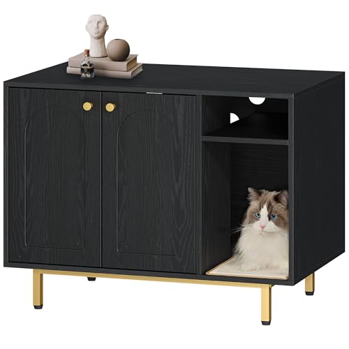 Hzuaneri Katzenschrank, Katzentoilette, Katzenklo Schrank, Katzenhaus mit Tür und separater Trennwand, 80 x 50 x 61 cm, Stabile Katzenschrank, Sitzbank, Schwarz und Gold CB01504G von Hzuaneri
