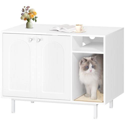 Hzuaneri Katzenschrank, Katzentoilette, Katzenklo Schrank, Katzenhaus mit Tür und separater Trennwand, 80 x 50 x 61 cm, Stabile Katzenschrank, Sitzbank, Weiß CB01513W von Hzuaneri