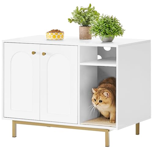 Hzuaneri Katzenschrank, Katzentoilette, Katzenklo Schrank, Katzenhaus mit Tür und separater Trennwand, 80 x 50 x 61 cm, Stabile Katzenschrank, Sitzbank, Weiß und Gold 01503GCLB von Hzuaneri