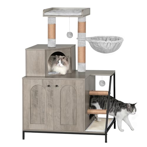 Hzuaneri Kratzbaum mit Katzenklo-Schrank, Katzenschrank, 4-in-1 Modernes Katzenhaus mit Großer Plattform, Katzenhaus mit Sisal-Kratzmatte, Pfosten, Treppe und Pompom, Waschbare Kissen, Greige CB81005B von Hzuaneri