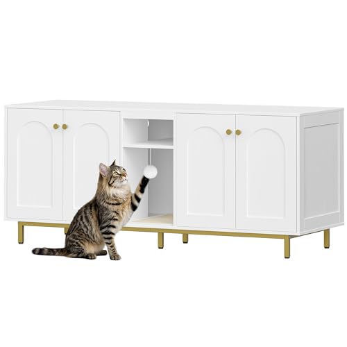 Hzuaneri Katzenschrank für 2 Katzen, Katzenklo Schrank, Katzenhaus Versteckt mit Doppelräumen, Mit Stauraum, Plüschbälle, Kann als Fernsehschrank, 140 x 48 x 62 cm, Weiß und Gold CB86513AV1 von Hzuaneri