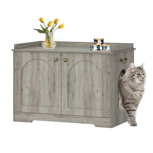 Hzuaneri Katzenschrank mit Griffen, Katzentoilette, Katzenklo Schrank, Katzenhaus mit Tür, Hölzerner Beistelltisch für das Haustierhaus, 50 x 80 x 57cm, Stabile Katzenschrank, Greige CB05705X von Hzuaneri