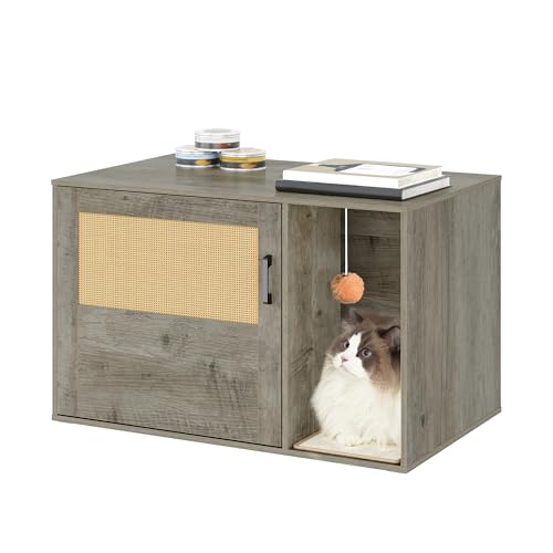 Hzuaneri Katzenschrank mit Rattan Tür, Versteckte Katzentoilette, Boho Stil Holz Haustier Haus Katzenstreu, Speicher Schrank Sitzbank, 50 x 80 x 50 cm, Greige CB05605X von Hzuaneri