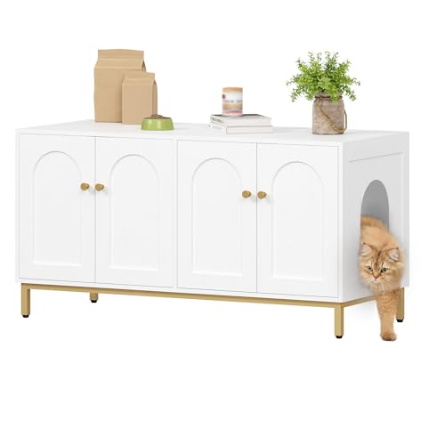 Hzuaneri Katzenschrank für 2 Katzen, 119cm Versteckte Katzentoilettenmöbel, Hölzernes Haustierhaus, Aufbewahrungsschrankbank, Passend für die Meisten Katzentoilettenkä, Weiß und Gold CB82313A von Hzuaneri
