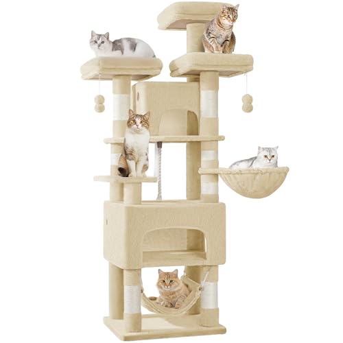 Hzuaneri Kratzbaum, 176cm Katzenbaum, XL, 3 Plattformen, 2 Höhlen, 7 Kratzsäulen, Hängematte, Plüschbälle, Katzenkratzbaum für Mehrkatzenhaushalte, Beige MS17618YL von Hzuaneri