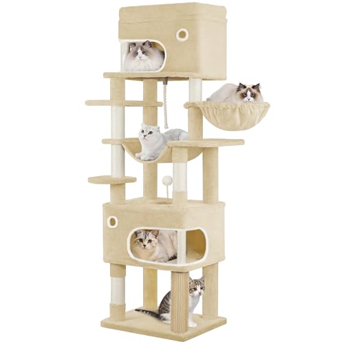 Hzuaneri Kratzbaum, 178 cm Katzenbaum mit großer Plattform, 2 Höhlen, 7 Kratzsäulen, Pompons, Liegemulden, Hängematte, Geeignet für alle Katzenrassen, Beige MS17818YL von Hzuaneri