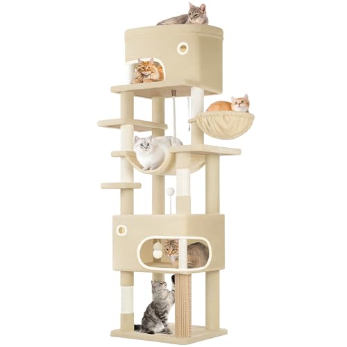 Hzuaneri Kratzbaum, 203 cm Katzenbaum mit großer Plattform, 2 Höhlen, 7 Kratzsäulen, Pompons, Liegemulden, Hängematte, Geeignet für alle Katzenrassen, Beige MS20318YL Hzuaneri Kratzbaum, 203 cm Katzenbaum mit großer Plattform, 2 Höhlen, 7 Kratzsäulen, Pompons, Liegemulden, Hängematte, Geeignet für alle Katzenrassen, Beige MS20318YL von Hzuaneri