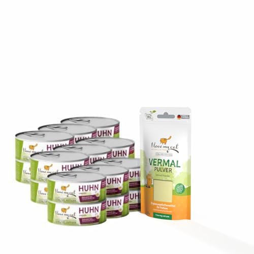 I Love My Cat Sparset Für Katzen gegen Darmparasiten, Geschmack von Hühnchen Katzennassfutter ohne Getreide 100 g x 18 Vermal Pulver für Katzen 35 g von I love my cat NATURAL CAT FOOD