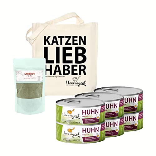 I Love my Cat Futterset für übergewichtige Katzen Getreidefreies Nassfutter mit Huhn 6 x 100 g und Nahrungsergänzungs mit Shiitake 50 g ohne künstliche Inhaltsstoffe von I love my cat