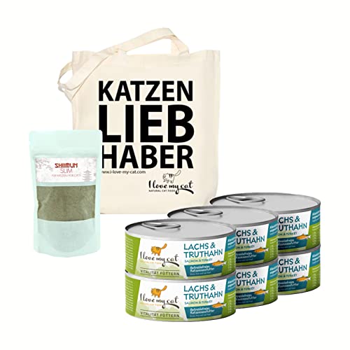 I Love my Cat Futterset für übergewichtige Katzen Getreidefreies Nassfutter mit Lachs und Truthahn 6 x 100 g und Nahrungsergänzungs mit Shiitake 50 g ohne künstliche Inhaltsstoffe von I love my cat