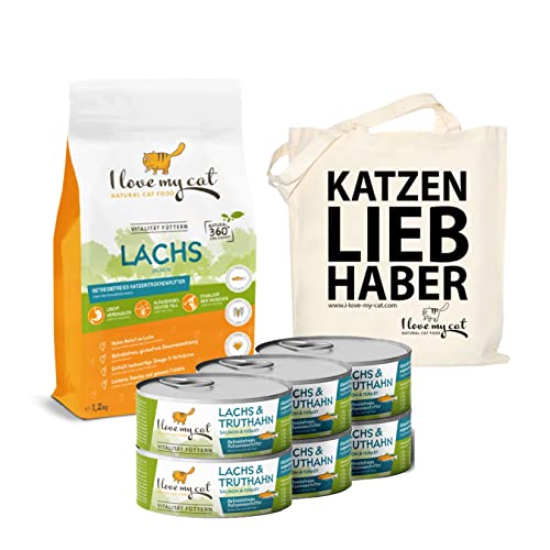 I love my cat Set Hypoallergenes Getreidefreies Trockenfutter 1,2 kg und Katzenfutter Nass mit Lachs und Truthahn 6 x 100 g ohne künstliche Inhaltsstoffe mit hoher Verdaulichkeit von I love my cat