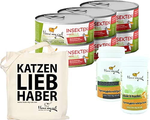 I Love my Cat Sparset für Britisch Langhaar Getreidefreies Nassfutter mit Insekten 6 x 100 g Nahrungsergänzung für Pflege Zahn 35 g und Gelenkpflege und Knochen 30 Kapseln von I love my cat