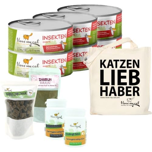 I love my cat Sparset für Burma-Katze Getreidefreies Nassfutter 6 x 100 g und Soft-Snacks mit Insekten 50 g Nahrungsergänzung mit Shiitake 50 g und Pflege Zahn 35 g und Nieren 35 g von I love my cat