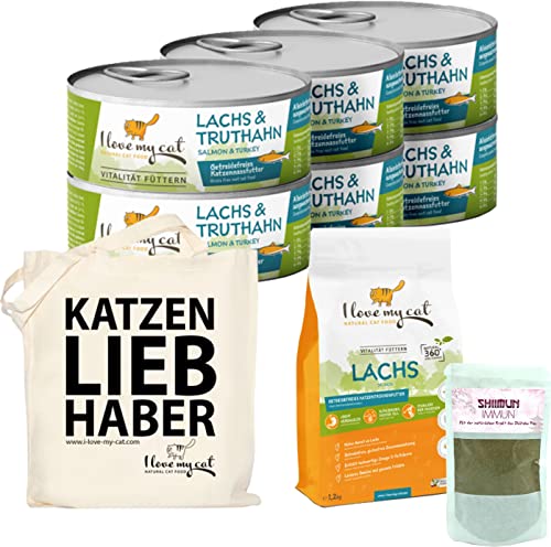 I love my cat Sparset für German Rex Getreidefreies Nassfutter und Trockenfutter mit Lachs und Truthahn mit hoher Verdaulichkeit Nahrungsergänzung mit Shiitake 1,95 kg von I love my cat