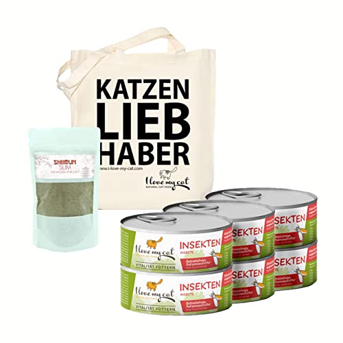 I Love my Cat Sparset für Übergewichtige und Ernährungssensible mit Getreidefreies Katzenfutter Nass mit Insekten 6 x 100 g und Nahrungsergänzungs mit Shiitake 50 g von I love my cat