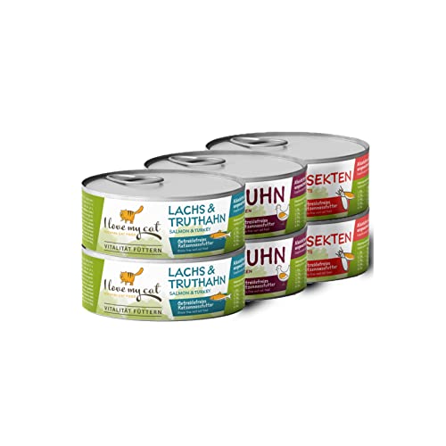 I Love my Cat Starter-Paket mit Katzenfutter Nass Huhn Insekten Lachs und Truthahn Frei von Getreide und Anderen Ungeeigneten Inhaltsstoffen Enthält Natürliche Zutaten 6x100g von I love my cat