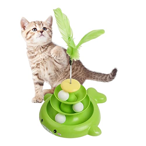 IBUGER Katzenspielzeug Roller | Kätzchen 3-lagiges Bahnspielzeug mit elastischen Bällen,Animal Moving Balls Track Toys mit Feather Stick, Kätzchen-Trainingsspielzeug für Zuhause im Freien von IBUGER