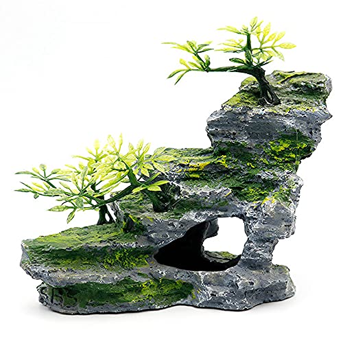 IBWell Aquarium Ornament Felshöhle Landschaft Künstlicher Bergblick Stein mit Moosbaum Aquarium Dekoration (#Hill A) von IBWell