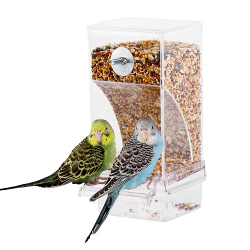 IBWell No Mess Automatischer Vogelfutterspender für Käfig Automatischer Papageienfutterspender Vogelfutterspender Innenkäfig mit transparenter Sitzstange Acryl-Samen-Lebensmittelbehälter von IBWell