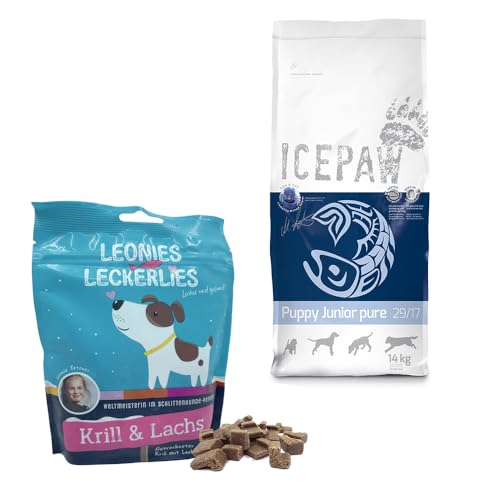 ICEPAW I Kombipaket I für Welpen und Junghunde I Trockenfutter Puppy Junior Pure I 14 kg I Mit Hering I Leonies Leckerlies 125 g von ICEPAW by Michael Tetzner