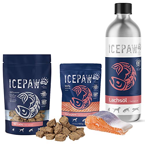 ICEPAW I Kombipaket für Hunde I Feuchtfutter Lachs Pure 400 g I Lachsöl 250 ml I Fisch Snack Mit Lachs 150 g von ICEPAW by Michael Tetzner