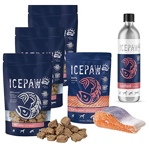 ICEPAW Kombipaket für Hunde I Feuchtfutter Lachs Pure 100 g I Lachsöl 500 ml I Fisch Snack Mit Lachs 3 x 150 g von ICEPAW by Michael Tetzner