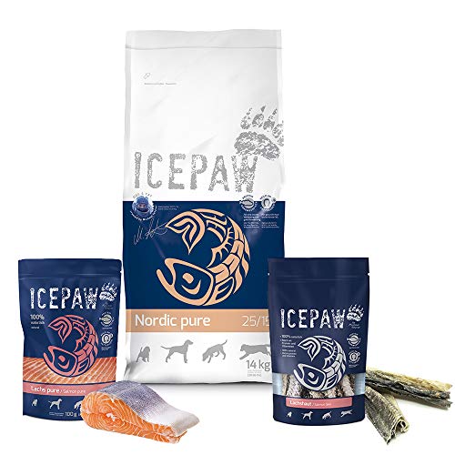 ICEPAW Kombipaket für Hunde I High Premium Trockenfutter Nordic Pure (14 kg) I Feuchtfutter Lachs Pure (100 g) I Lachshaut (100 g) von ICEPAW by Michael Tetzner
