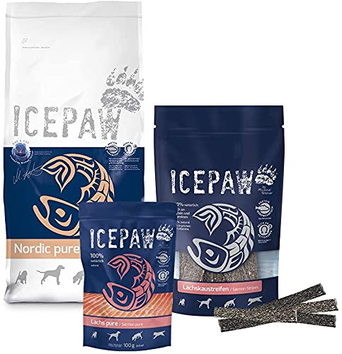 ICEPAW Kombipaket für Hunde I High Premium Trockenfutter Nordic Pure (14 kg) I Feuchtfutter Lachs Pure (100 g) I Snack Lachskaustreifen (15 Stück / 120 g) von ICEPAW by Michael Tetzner