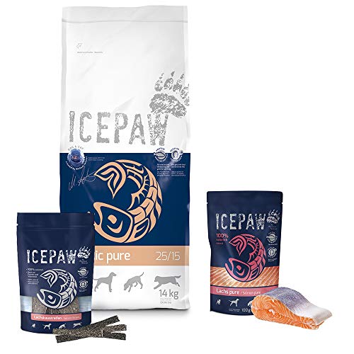 ICEPAW Kombipaket für Hunde I High Premium Trockenfutter Nordic Pure (14 kg) I Feuchtfutter Lachs Pure (400 g) I Lachskaustreifen (15 Stück /120 g) von ICEPAW by Michael Tetzner