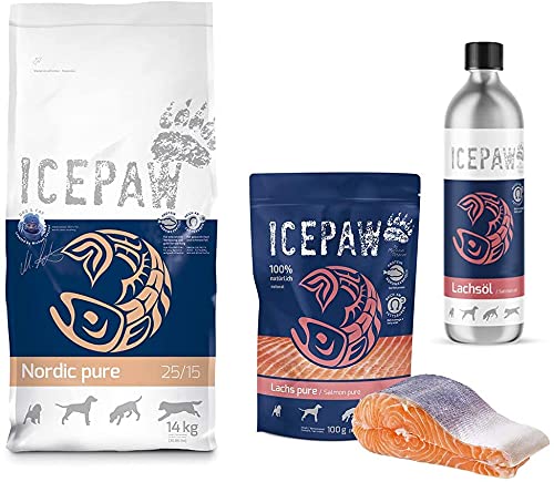 ICEPAW Kombipaket für Hunde: Trockenfutter Nordic(14kg), Lachsöl(500ml), Feuchtfutter Lachs Pure (100g) von ICEPAW by Michael Tetzner