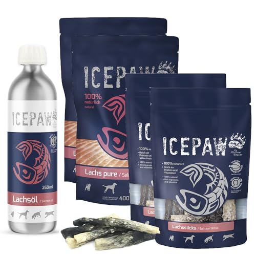 ICEPAW Lachs-Box, Kombi-Paket für Hunde aus Lachs Pure (Nassfutter), Lachs Öl und Lachssticks (Snacks), ca. 1,2 kg von ICEPAW by Michael Tetzner