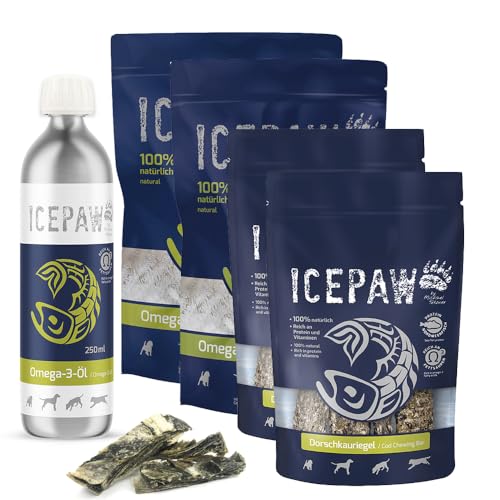 ICEPAW Omega-3 Box, Kombi-Paket für Hunde aus Omega-3 (Nassfutter), Omega-3 Öl und Dorschkauriegel (Snacks), ca. 1,2 kg von ICEPAW by Michael Tetzner