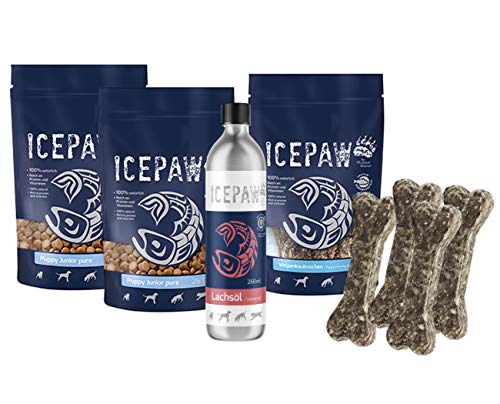 ICEPAW Welpen-Box, Kombi-Paket für Welpen aus Trockenfutter, Lachsöl und Welpenkauknochen, ca. 1,2 kg von ICEPAW by Michael Tetzner