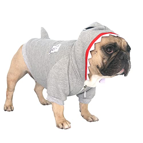 iChoue Hai-Hundekostüme mit Kapuze, warmer Mantel, Winterkleidung für Französische Bulldogge, Mops, Boston Terrier, Grau, Größe L Plus von ICHOUE