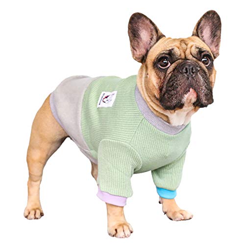 iChoue Haustier-Hundepullover mit Rundhalsausschnitt, Farbblock-Pullover, Winterkleidung, warme Kleidung für englische Bulldogge, Boston Terrie, Grün und Grau/Groß Plus von ICHOUE